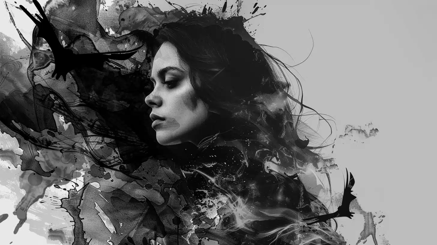 A monochromatic portrait of a woman enveloped in abstract shapes, showcasing expertise in mask tool photoshop.
