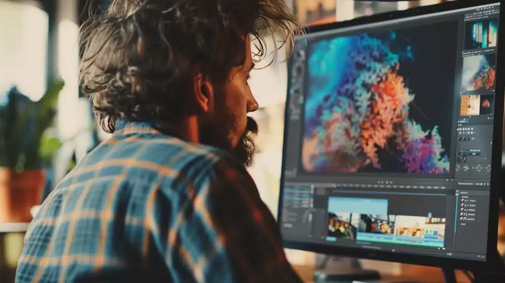Creative professional using advanced object selection techniques in Photoshop on a computer monitor displaying colorful digital artwork.