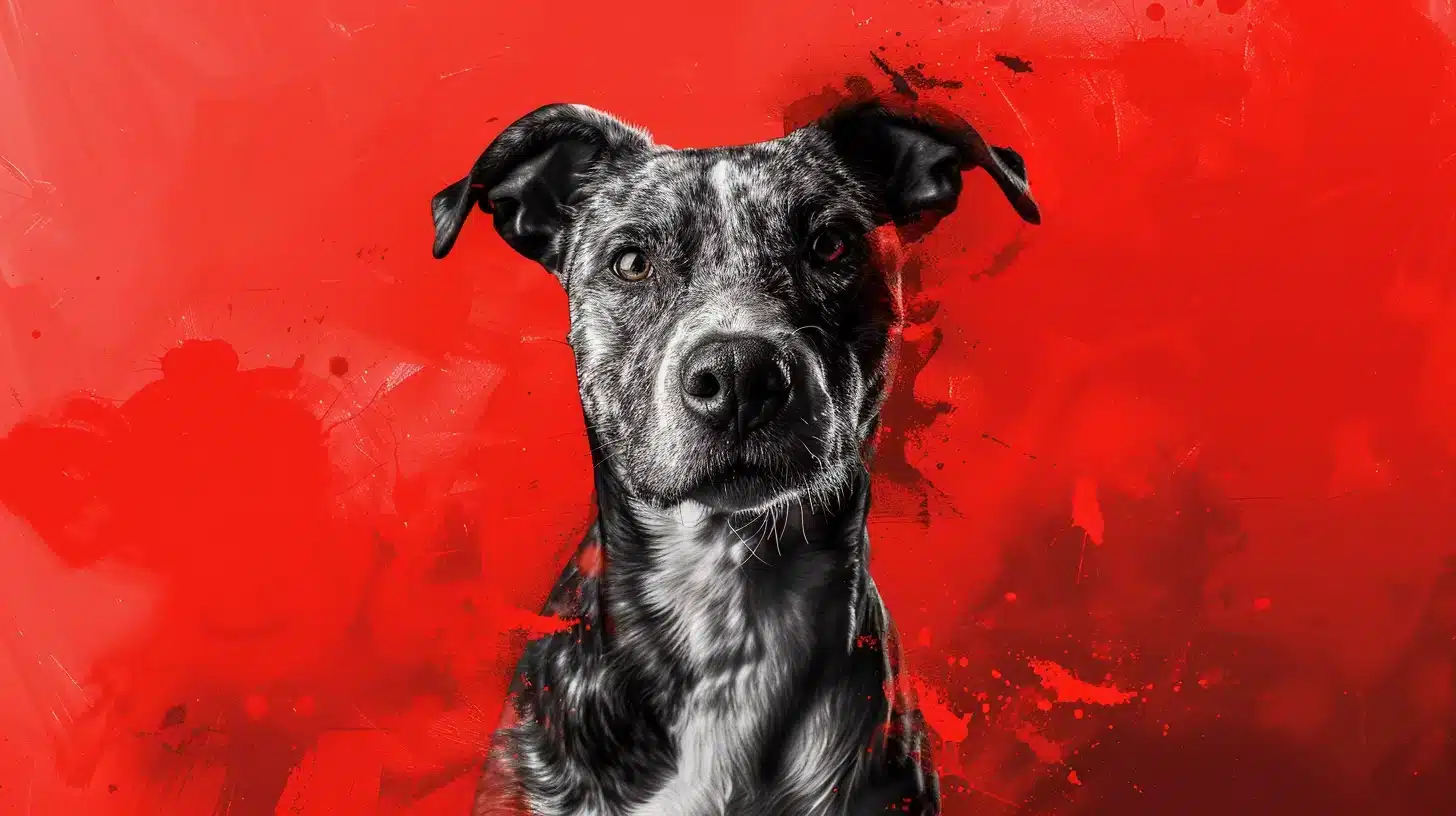 A captivating canine portrait with a speckled coat set against a vivid red background, enhanced.