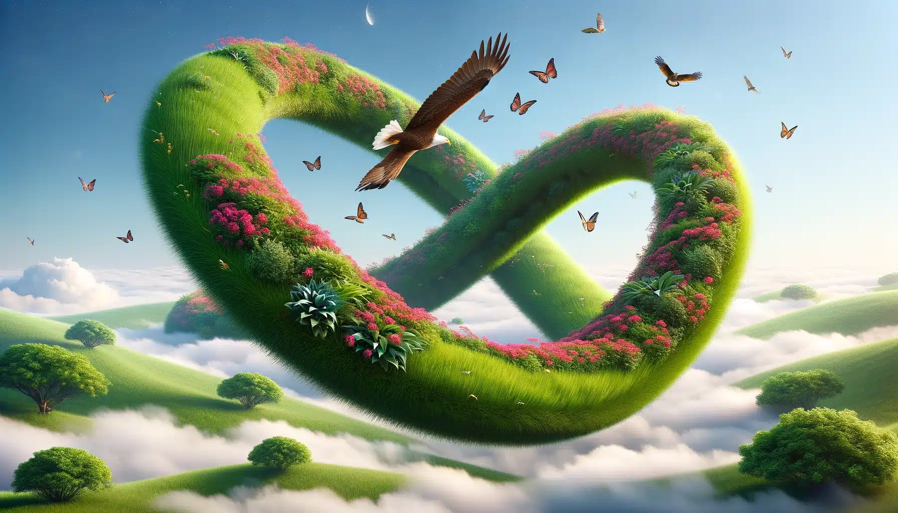 A Möbius strip landscape with lush greenery and vibrant pink flowers, featuring butterflies and an eagle in flight, exemplifying the use for creative compositions.