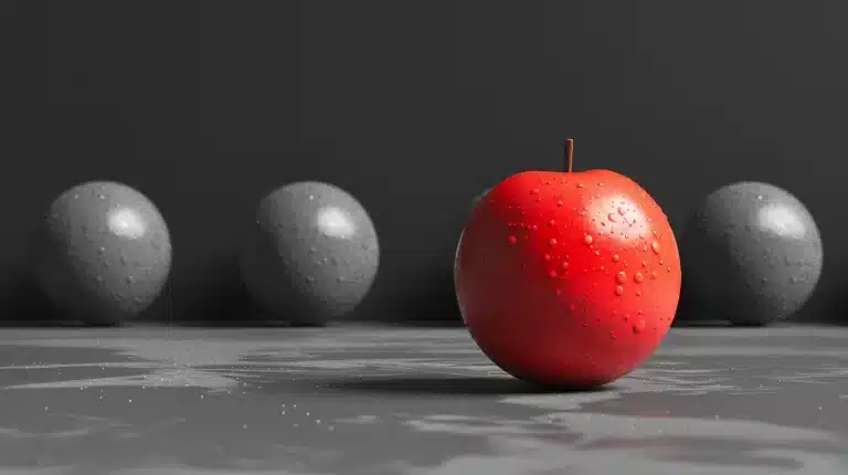 A red apple with water droplets stands out against a backdrop of grayscale spheres on a reflective surface.