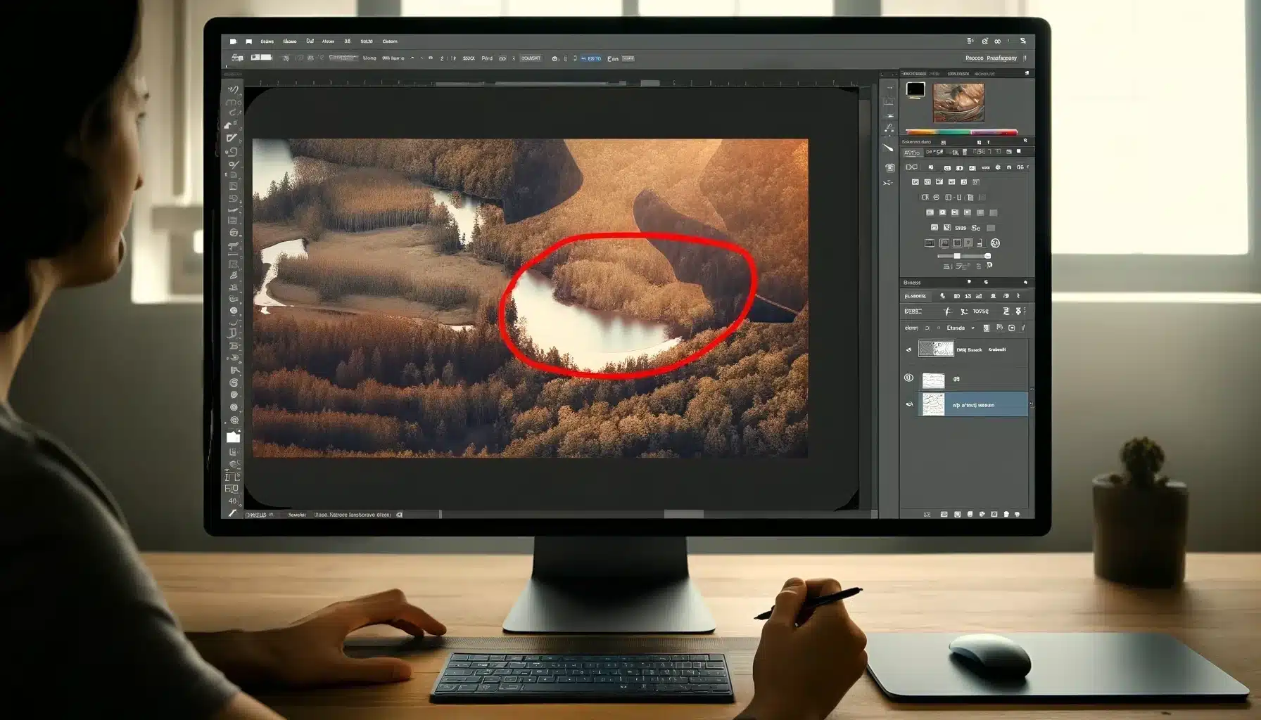 A computer screen displaying Adobe Photoshop with a nature image, highlighted by a red circle on a smaller lake. Red arrows point to the zoom tool and software tools on the toolbar.