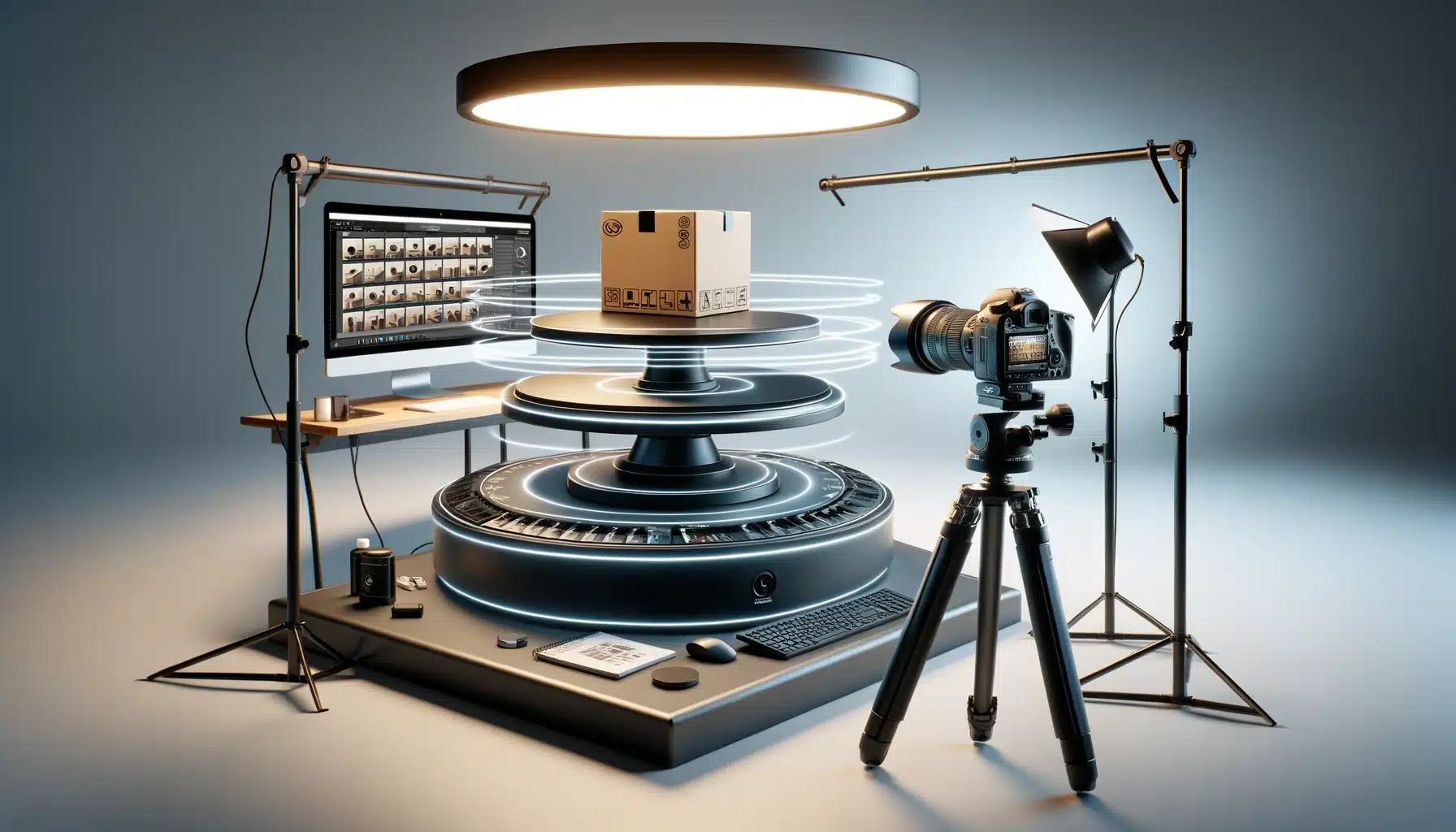 Professional studio setup for 360 product photography with a product on a rotating platform, camera on tripod, and computer showing image processing software.