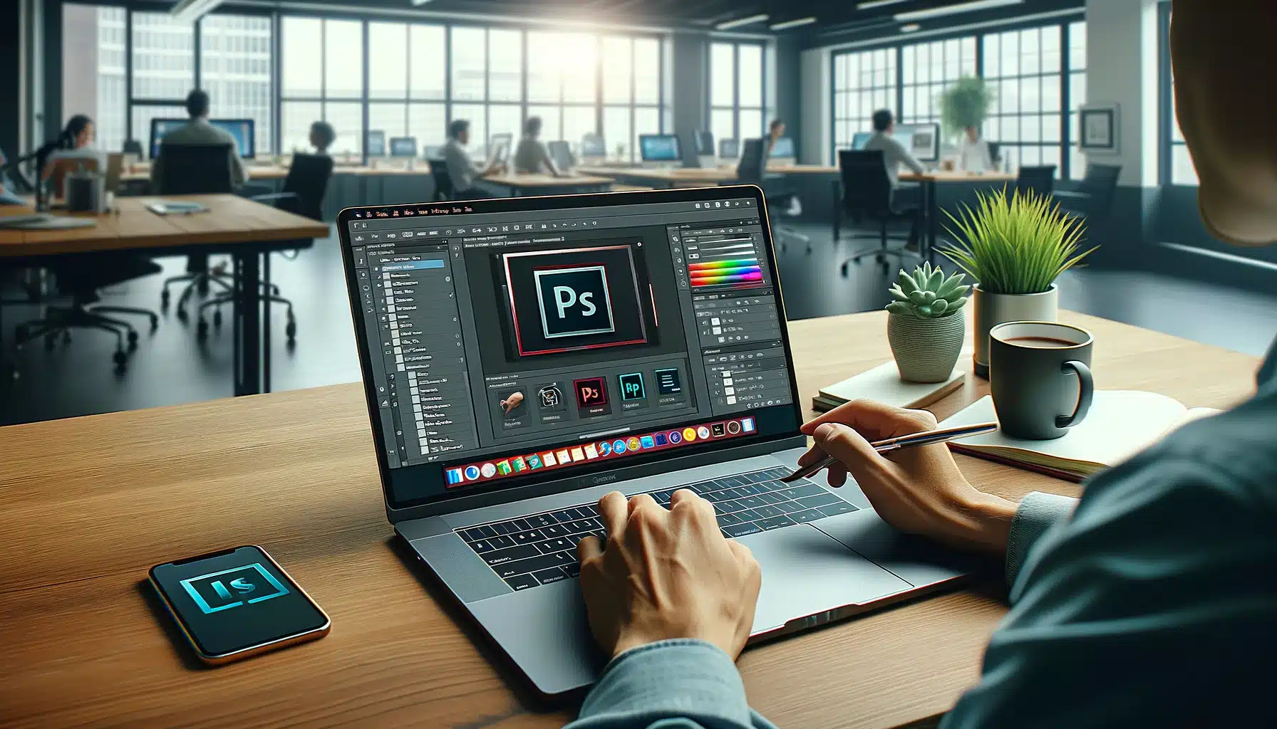 A creative professional analyzing new features in Adobe Photoshop on a laptop in a modern office environment.