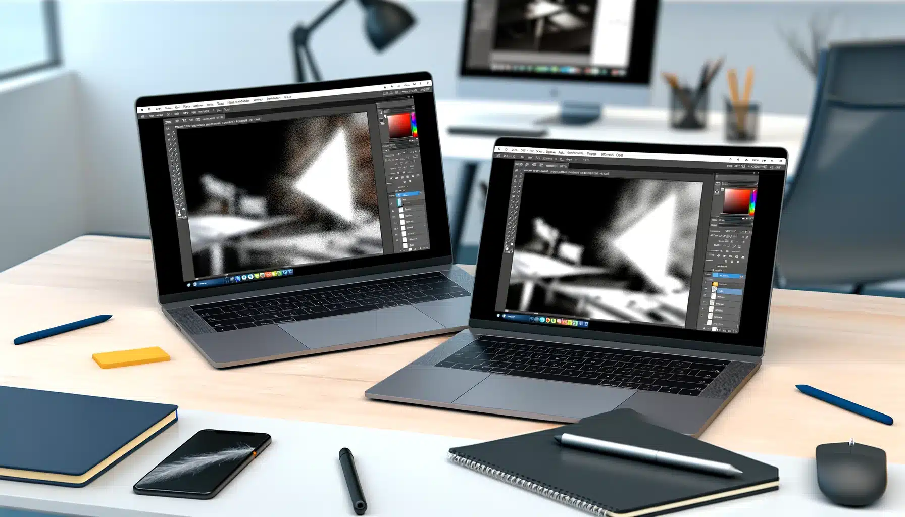 Two laptops on a desk showing before and after effects of image sharpening in Photoshop, in a modern graphic design workspace.
