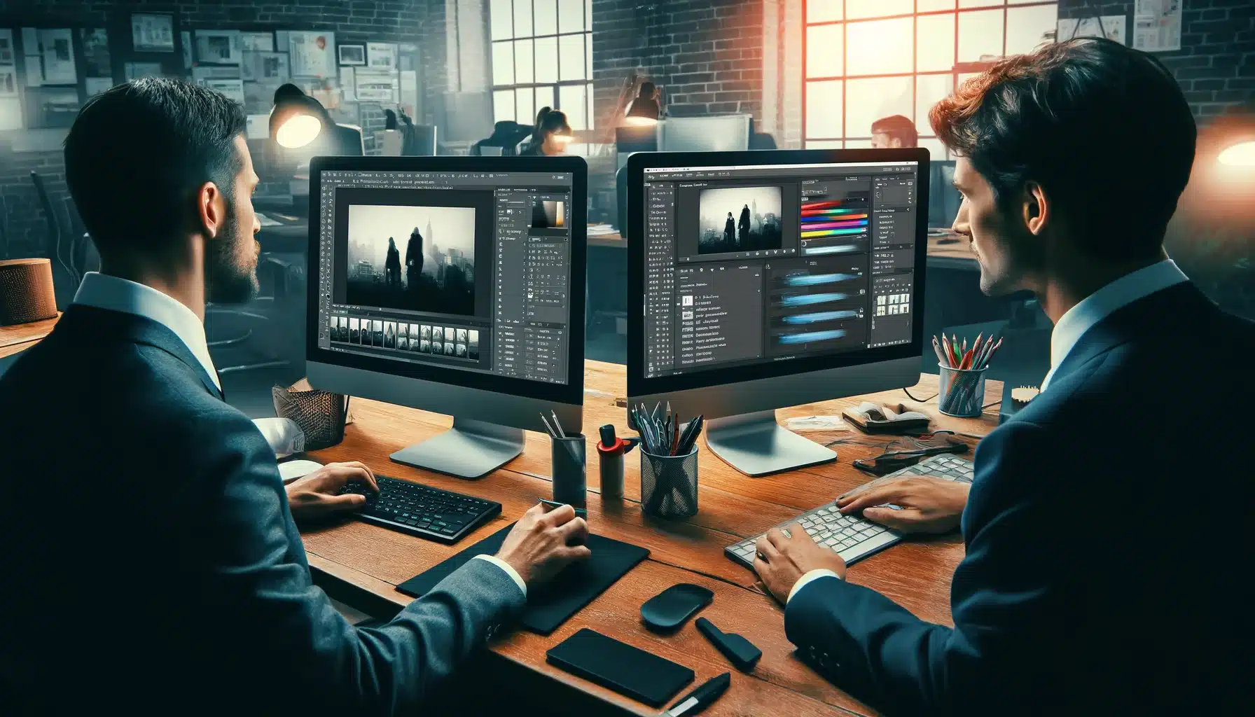 Two professionals in a modern office using desktop computers to edit farinaceous Portraits in PS, showcasing advanced tools and a collaborative environment.