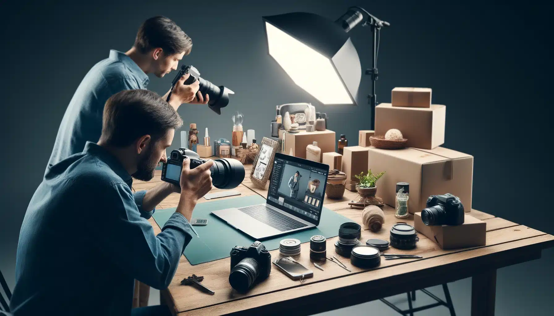 Two photographers in a studio capturing stunning images of products on a table, using professional lighting and camera equipment.
