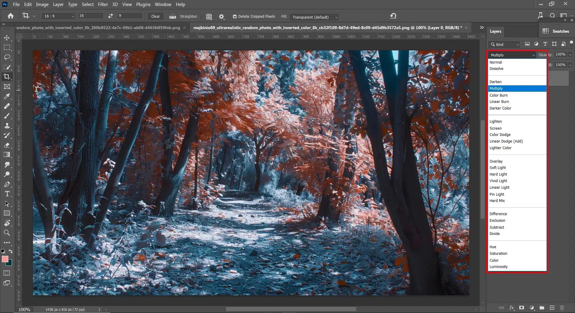 An image demonstrating the effects of different blending modes in Photoshop, showcasing digital editing techniques.