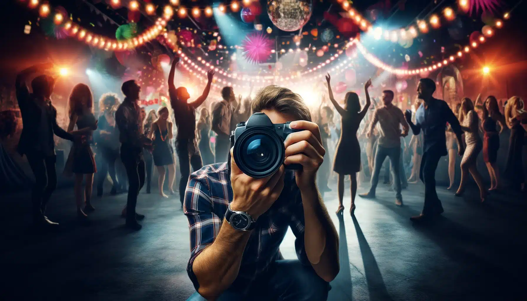 Photographer taking a self-portrait at a vibrant night party, surrounded by joyous partygoers under colorful lights.