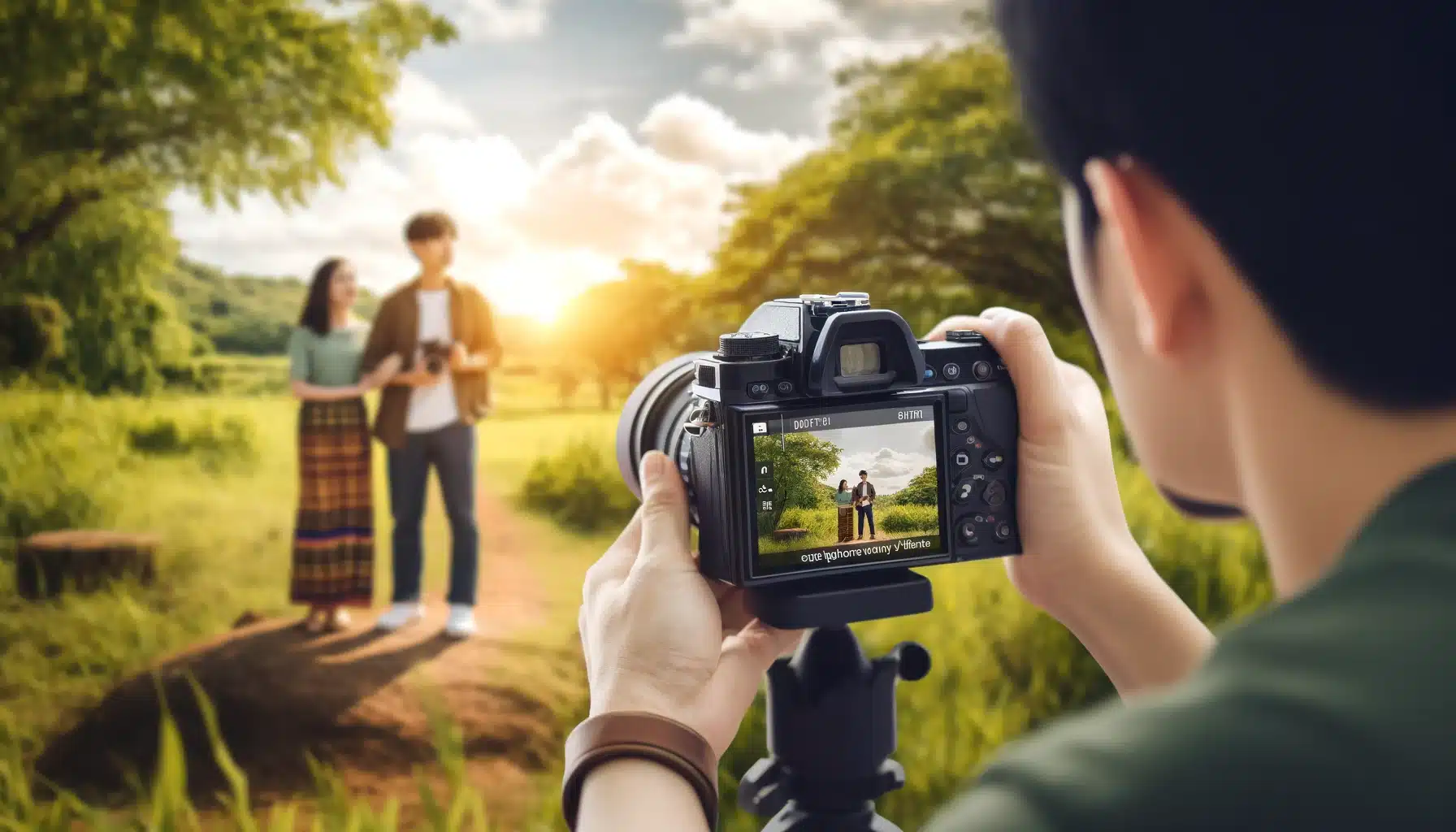 Photographer capturing a portrait of two people outdoors using Orifice Precedence Way, with a blurred background emphasizing the subjects.