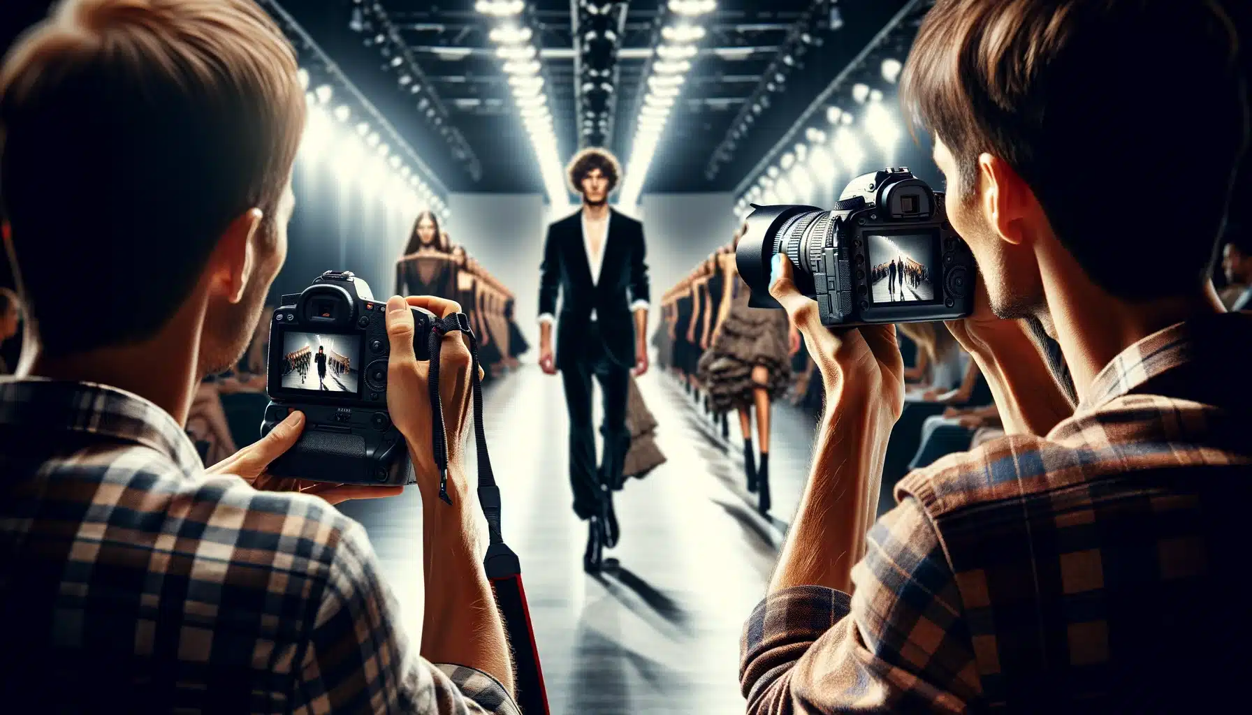 Two photographers at a fashion show, one with a DSLR and the other with a mirrorless camera, capturing models on a dramatically lit runway.