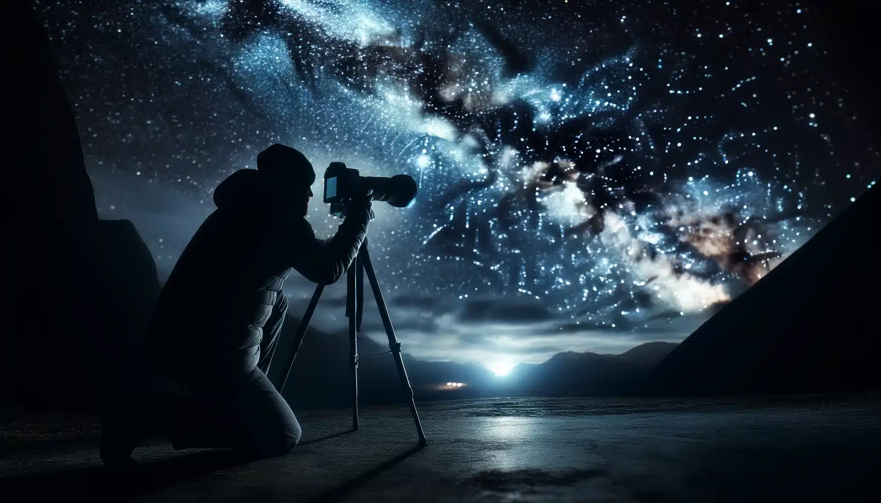 Photographer in a remote location using a tripod-mounted DSLR to capture the astrophotography Milky Way under a star-filled night sky.