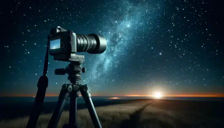Photographer using a tripod-mounted camera to capture the astrophotography starry night sky in a remote location with minimal light pollution.