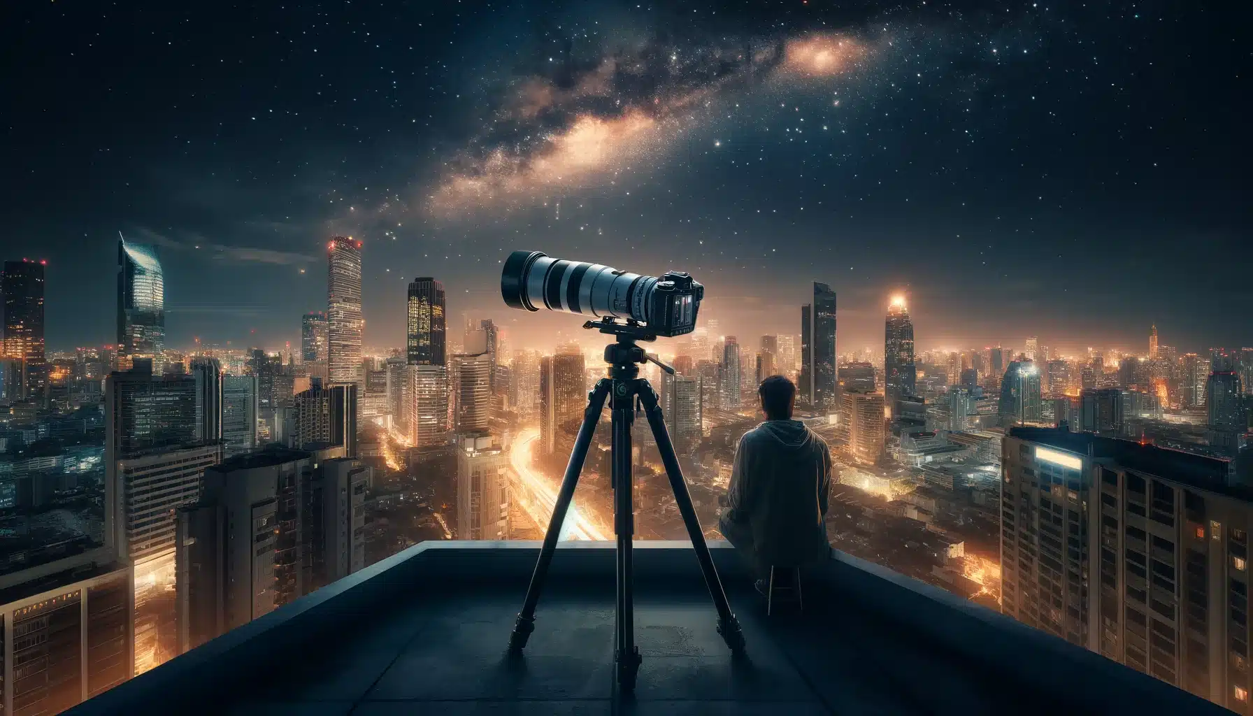 Photographer on a city rooftop at night using a tripod to capture stars above an illuminated urban skyline, showcasing Cosmology in a city.