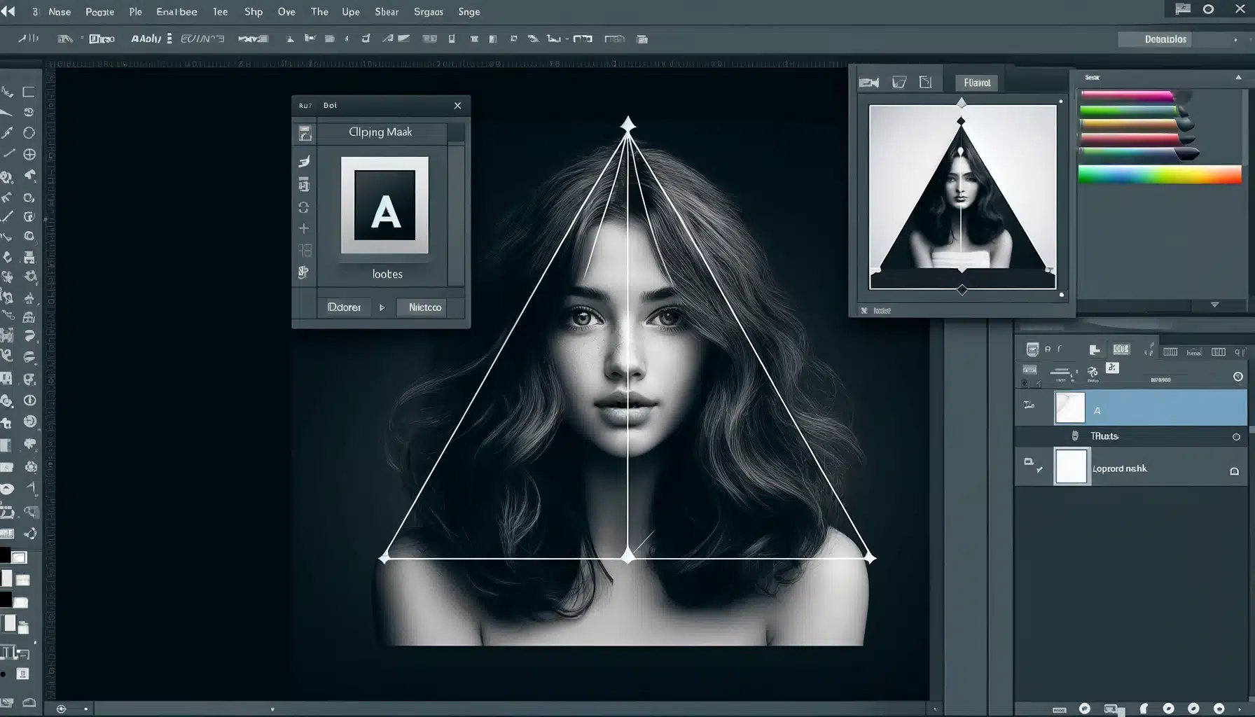 Clipping Mask displaying a pyramid shape containing a photographic portrait of a girl, illustrating advanced image editing capabilities.