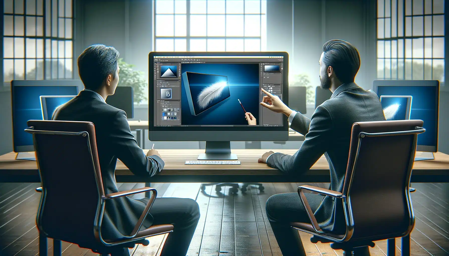 Two professionals in an office discussing new features on photo editing software displayed across two desktop computers and Adobe Photoshop New Features.