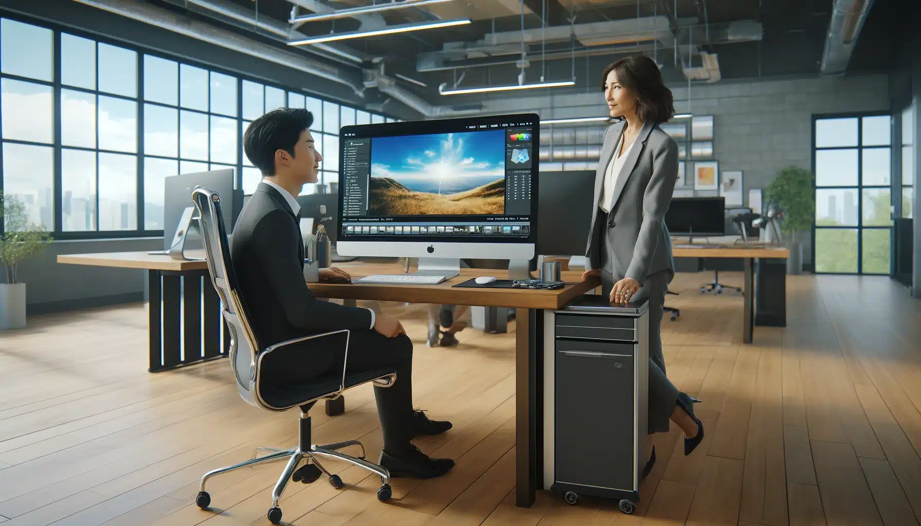 Two professionals discussing photo editing techniques with a desktop screen displaying a sky replacement tutorial in a modern office.