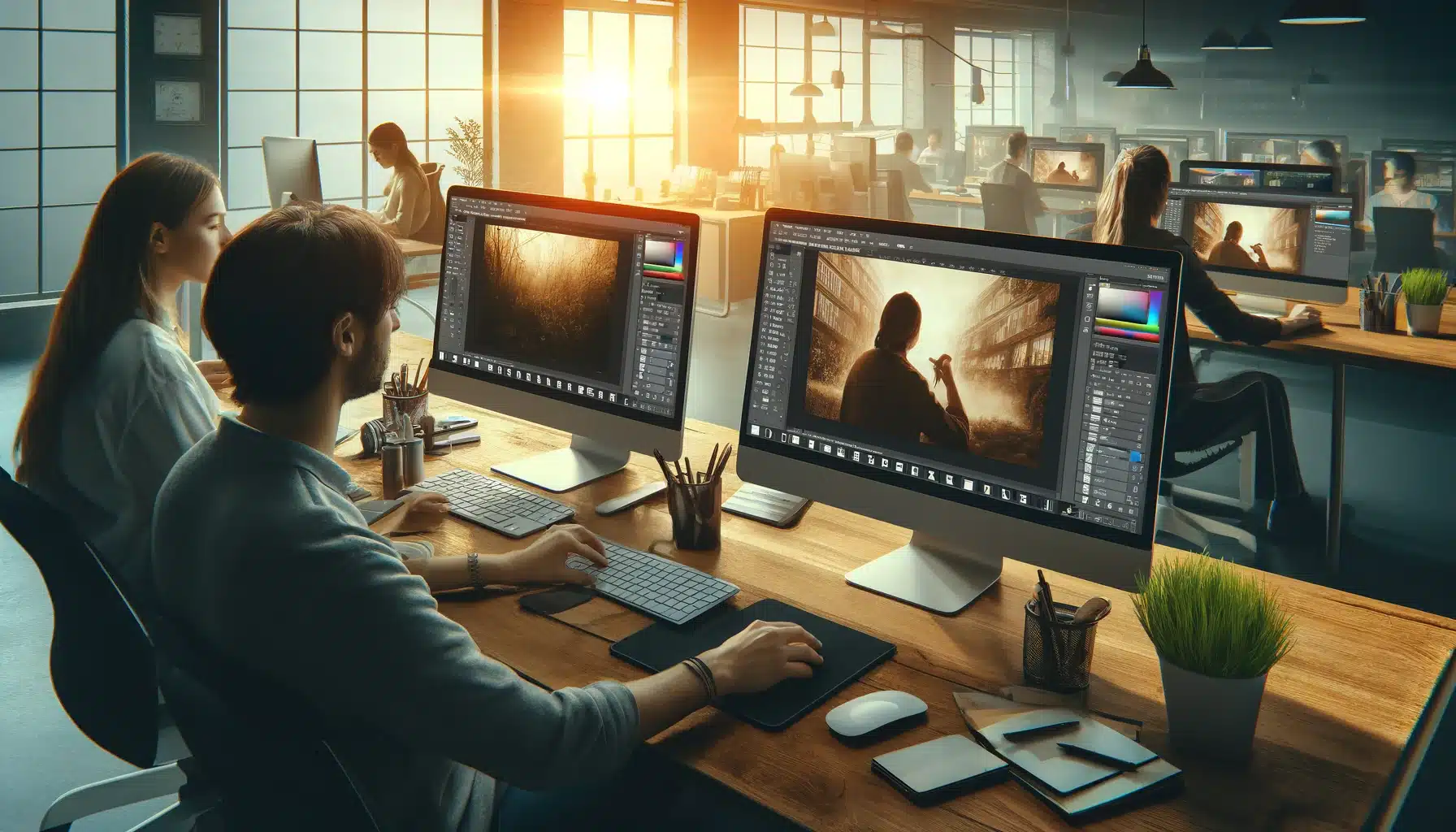 Two professionals in a modern office editing farinaceous Portraits in PS on their desktop computers, showcasing a collaborative and technology-driven workspace.
