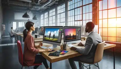Two graphic designers, a Caucasian female and an African American male, working on sky replacement in landscape images at their desktop computers in a modern office.