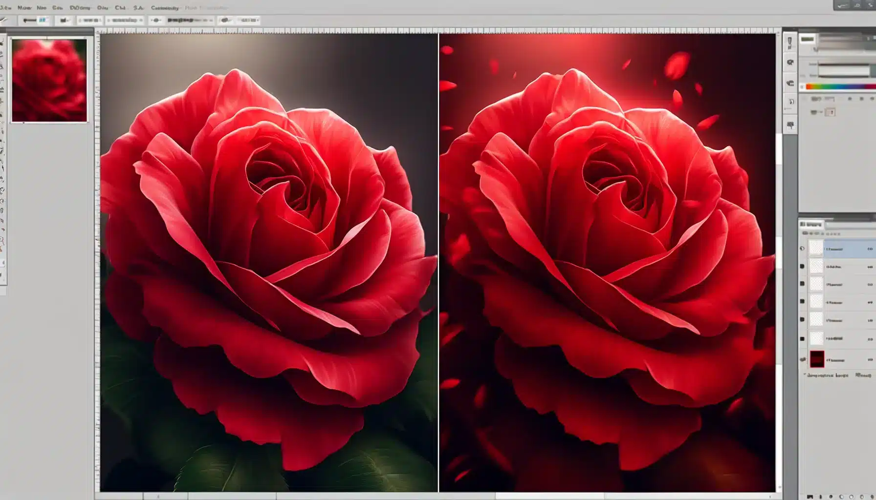 Digital art tutorial image showing a red rose with two different Photoshop effects: feathering on the left, creating a soft edge transition, and blurring on the right, making the entire rose appear out of focus.
