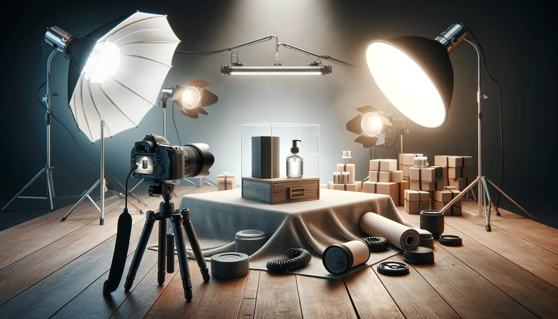 Professional product photography setup with a highlighted product on a table, surrounded by cameras and lighting equipment, showcasing a precision environment.