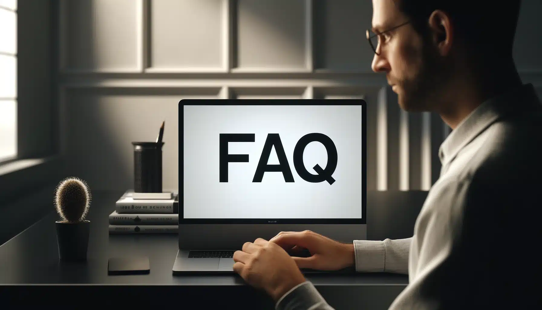 A middle-aged man working on a laptop computer displaying 'FAQ' about empyrean reinstatement techniques in a modern office.