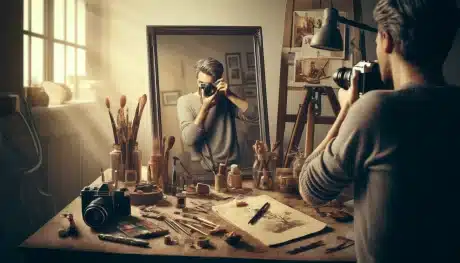 Photographer capturing their reflection in a mirror for a self-portrait, surrounded by artistic props in a warmly lit room, demonstrating creative self-expression.