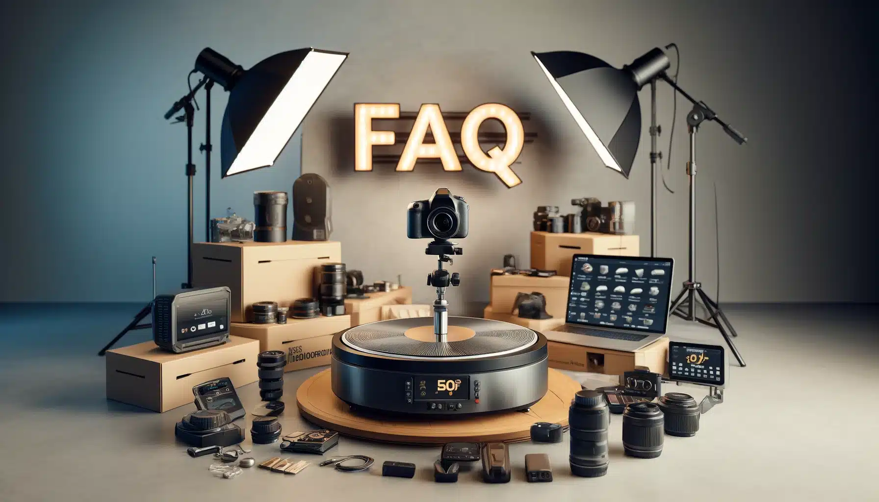 Professional Cycloidal Yield Microfilm studio setup with FAQ sign, featuring a motorized turntable, DSLR camera, softbox lights, and editing equipment