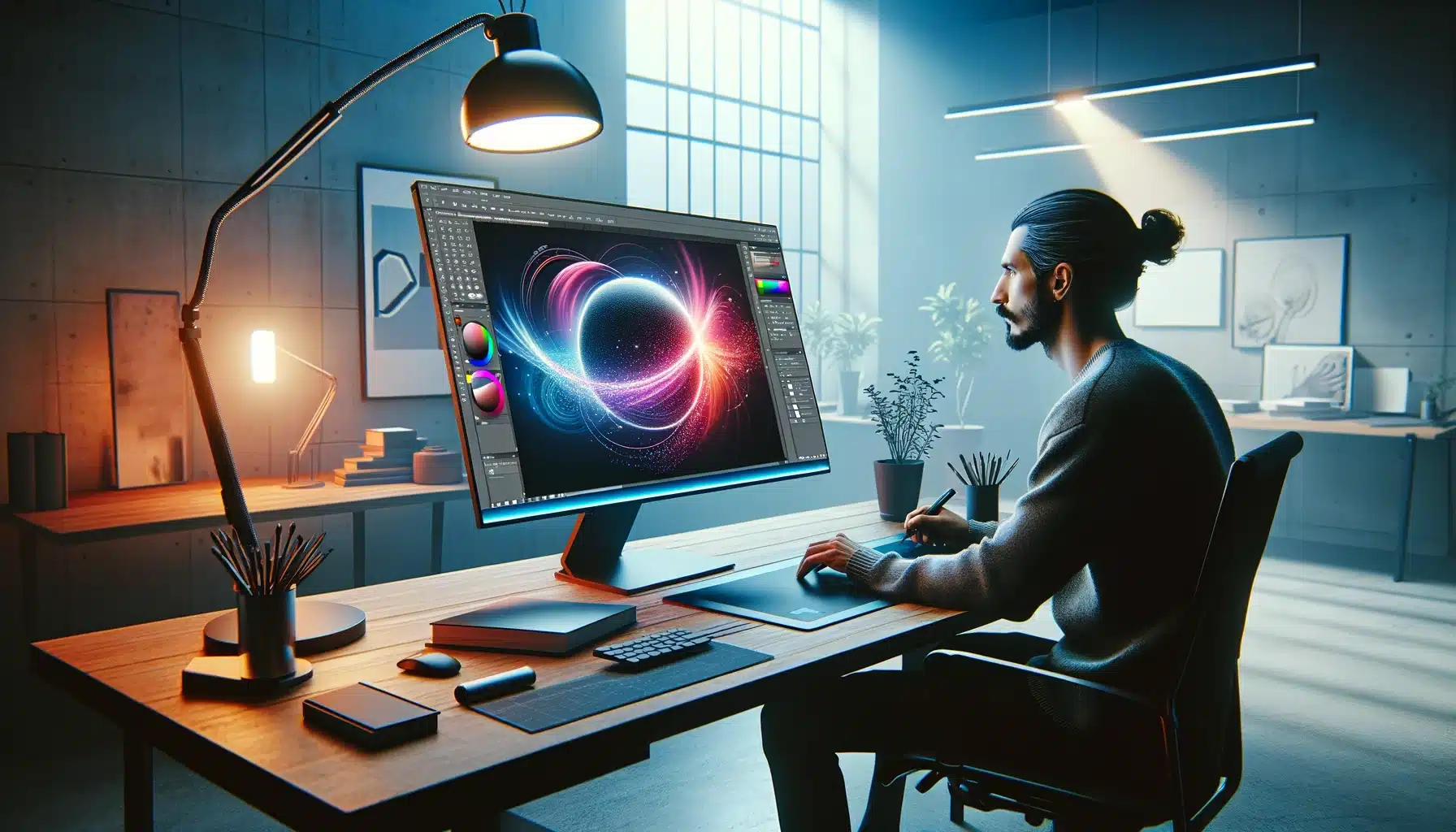 Graphic designer mastering creative techniques in Photoshop within a modern workspace setup."
