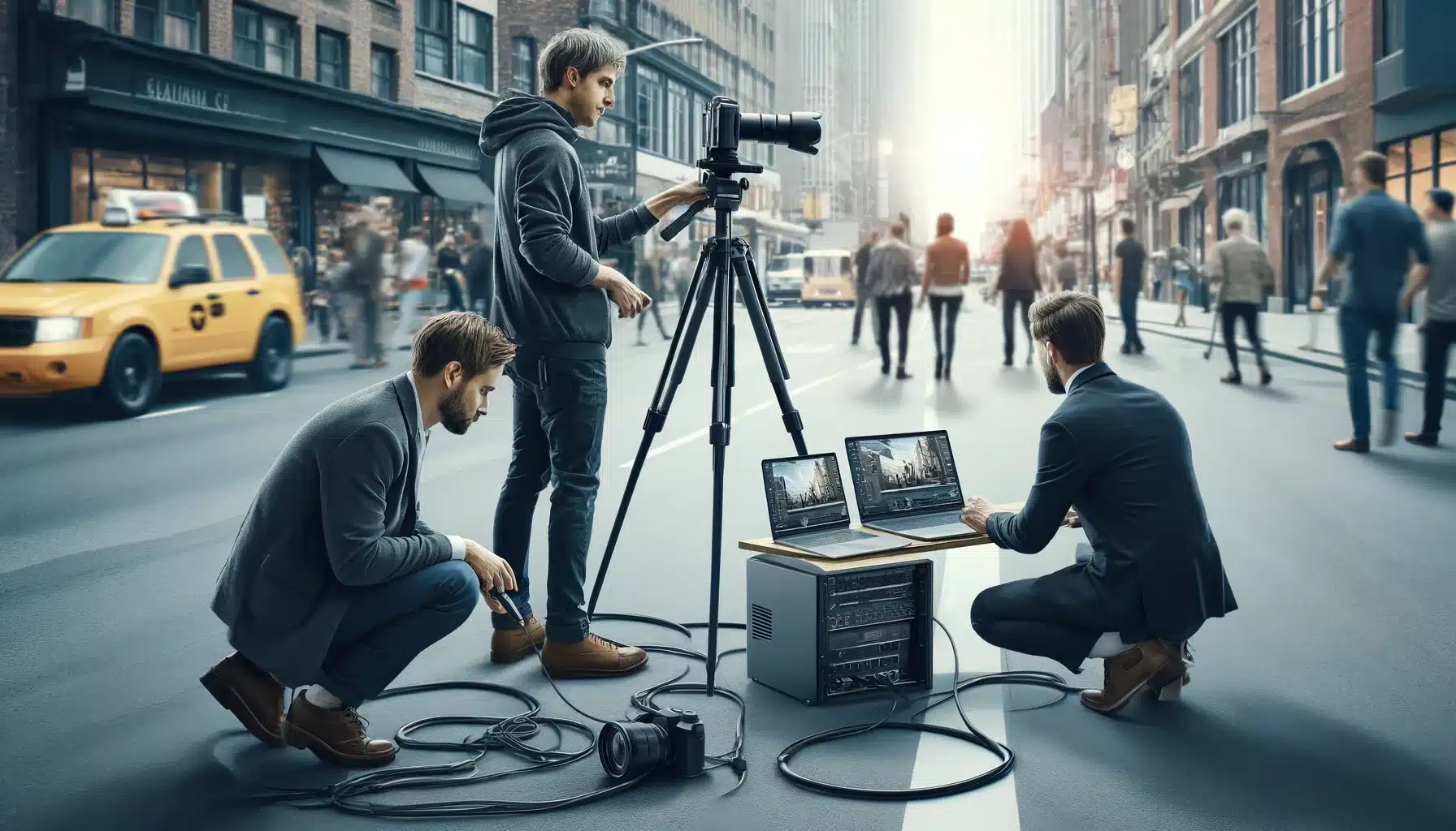 Three professionals setting up a camera tethering system on a busy street, with one adjusting the camera, another managing cables, and a third monitoring the feed on a laptop.