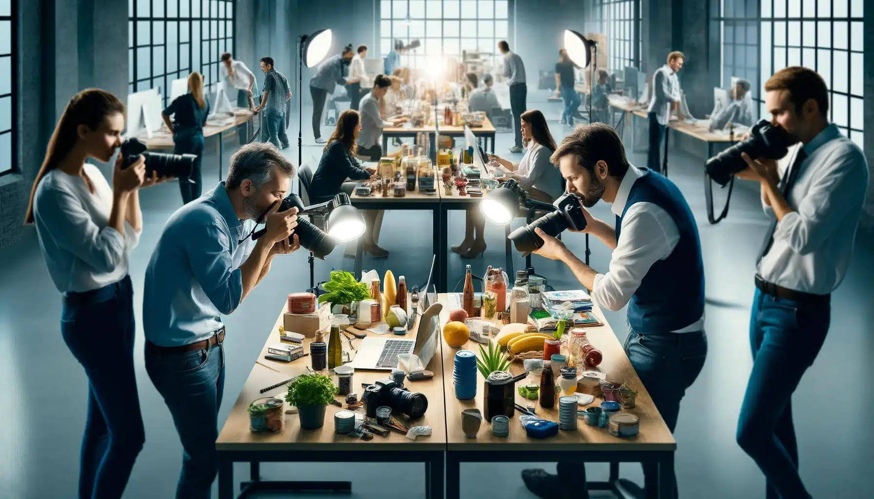 Two photographers in an office capturing Stuff images on separate tables while discussing with colleagues, amid a busy workplace atmosphere.