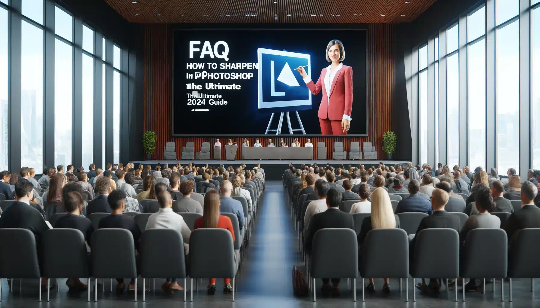 A woman presenting a PS Acuminating Mentor on a large screen in a conference hall, with an attentive diverse audience.