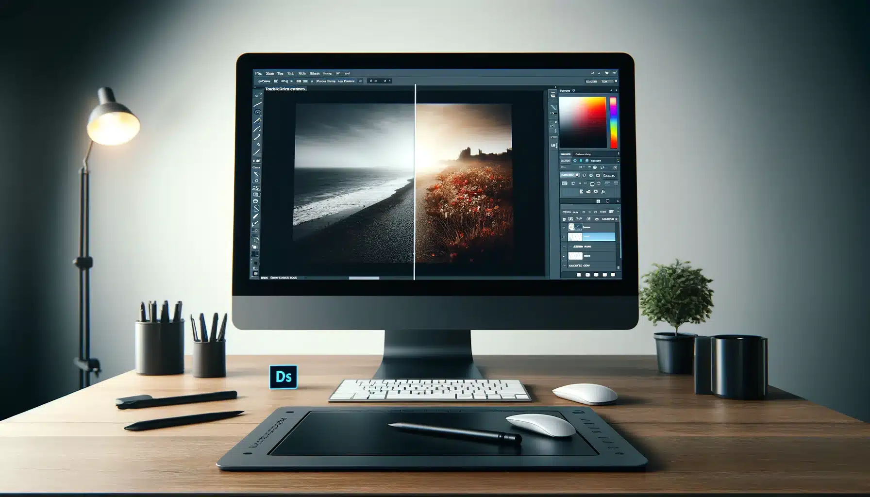 Computer monitor displaying Photoshop's 'Sharpen' tool, showing the before and after effects of image sharpening in a modern graphic design workspace.