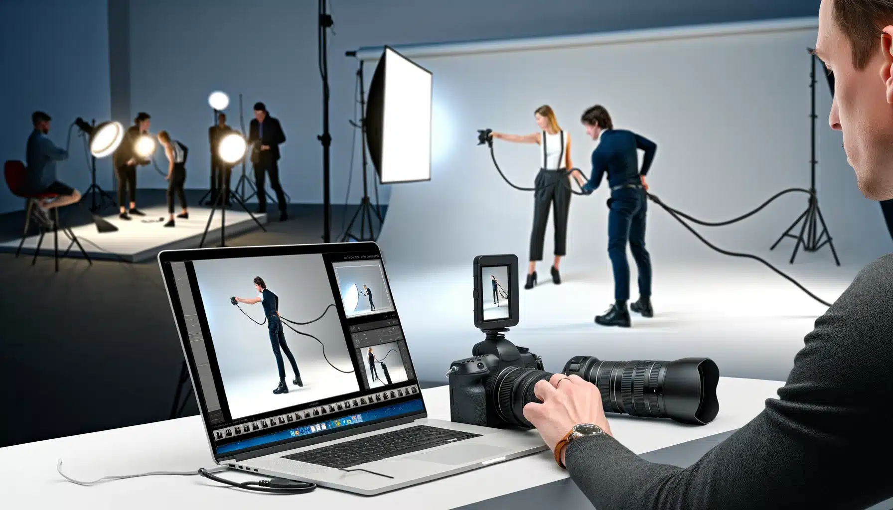 Two individuals in a photography studio, one adjusting a camera and the other monitoring images on a laptop, showcasing camera tethering for professional quality shots.
