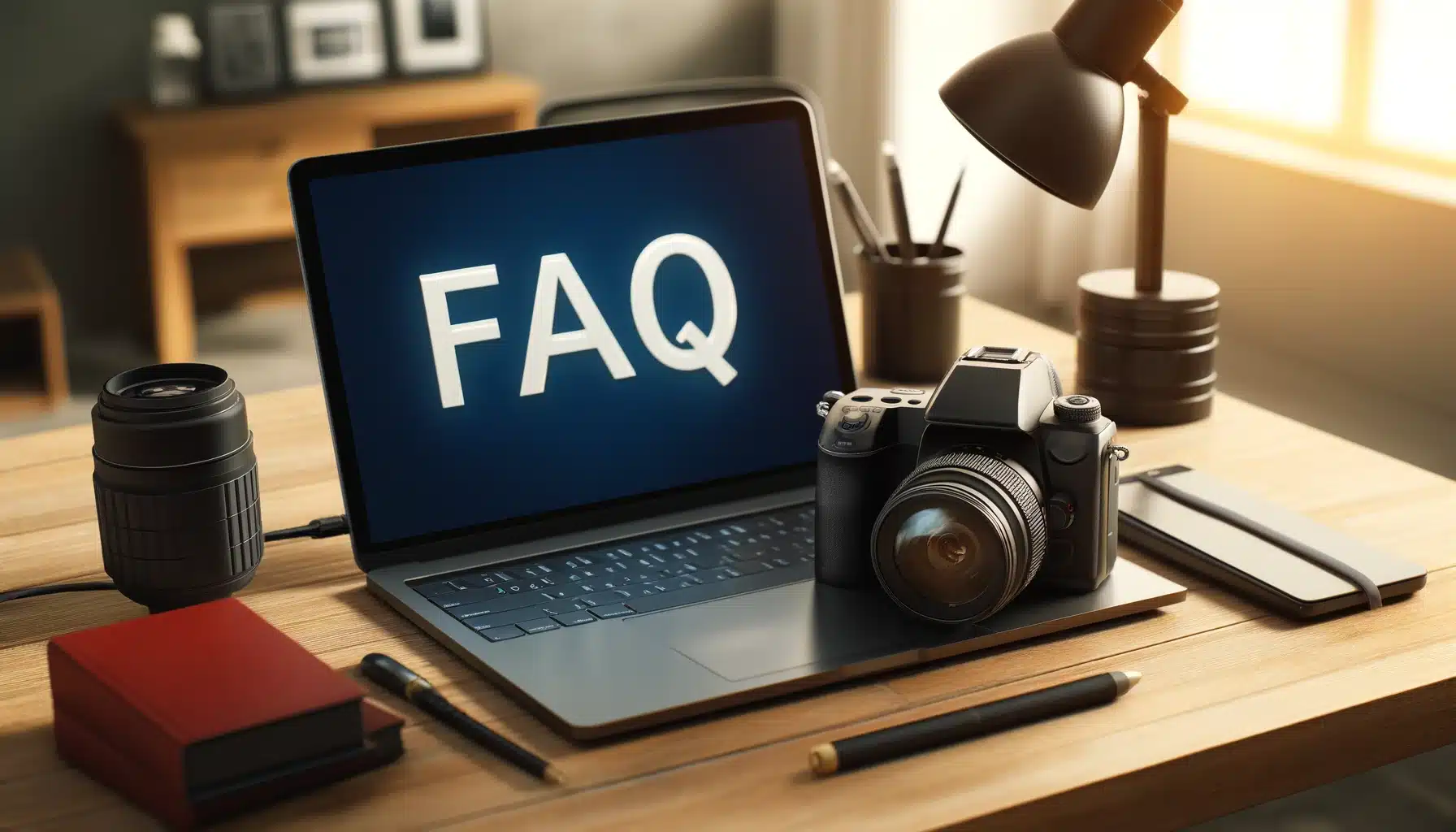 Open laptop on a desk with 'FAQ' on the screen, surrounded by an professional camera and a lens.