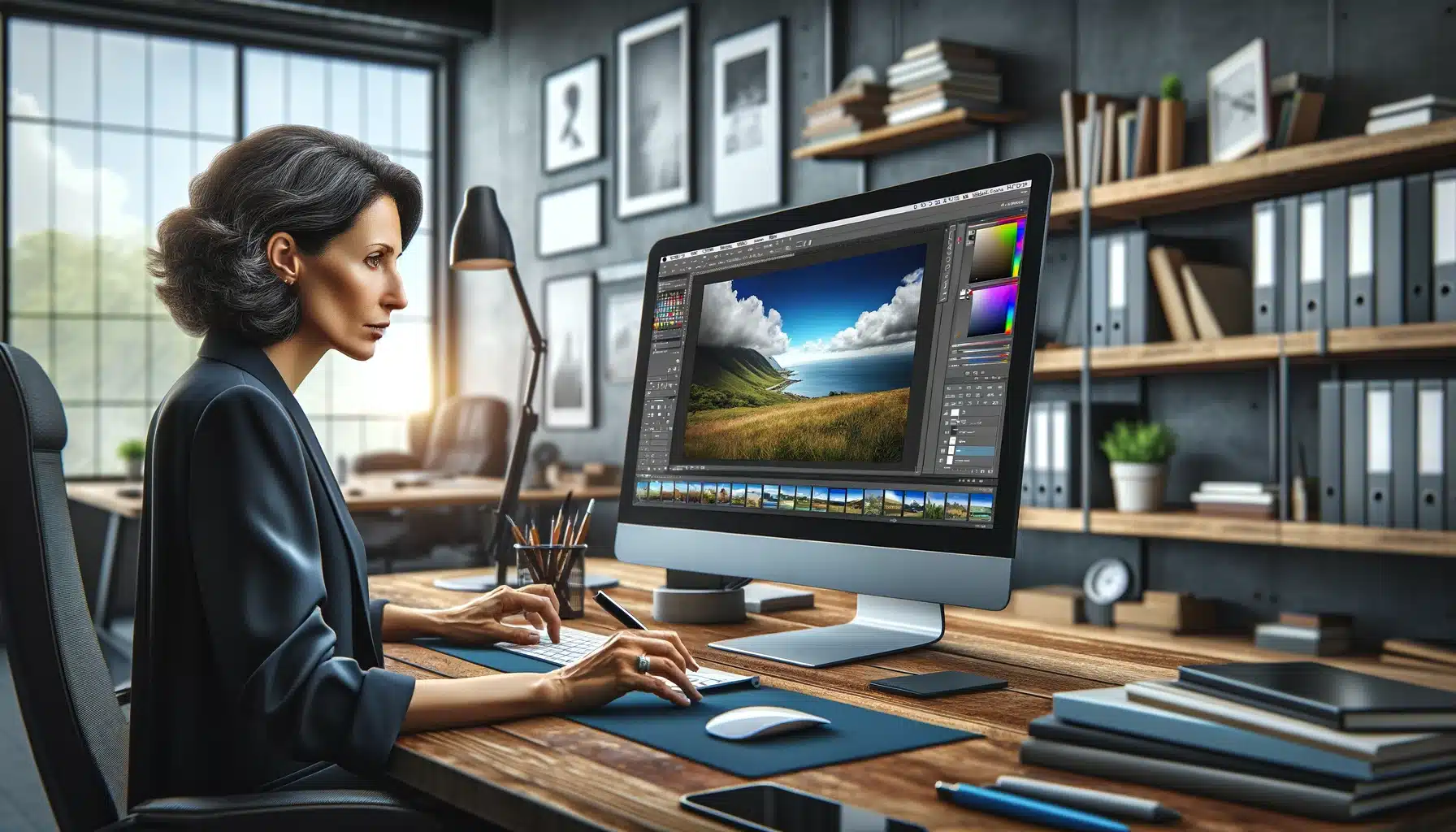 Hispanic female graphic designer working on sky replacement in a photo at her computer in a modern, well-equipped office.