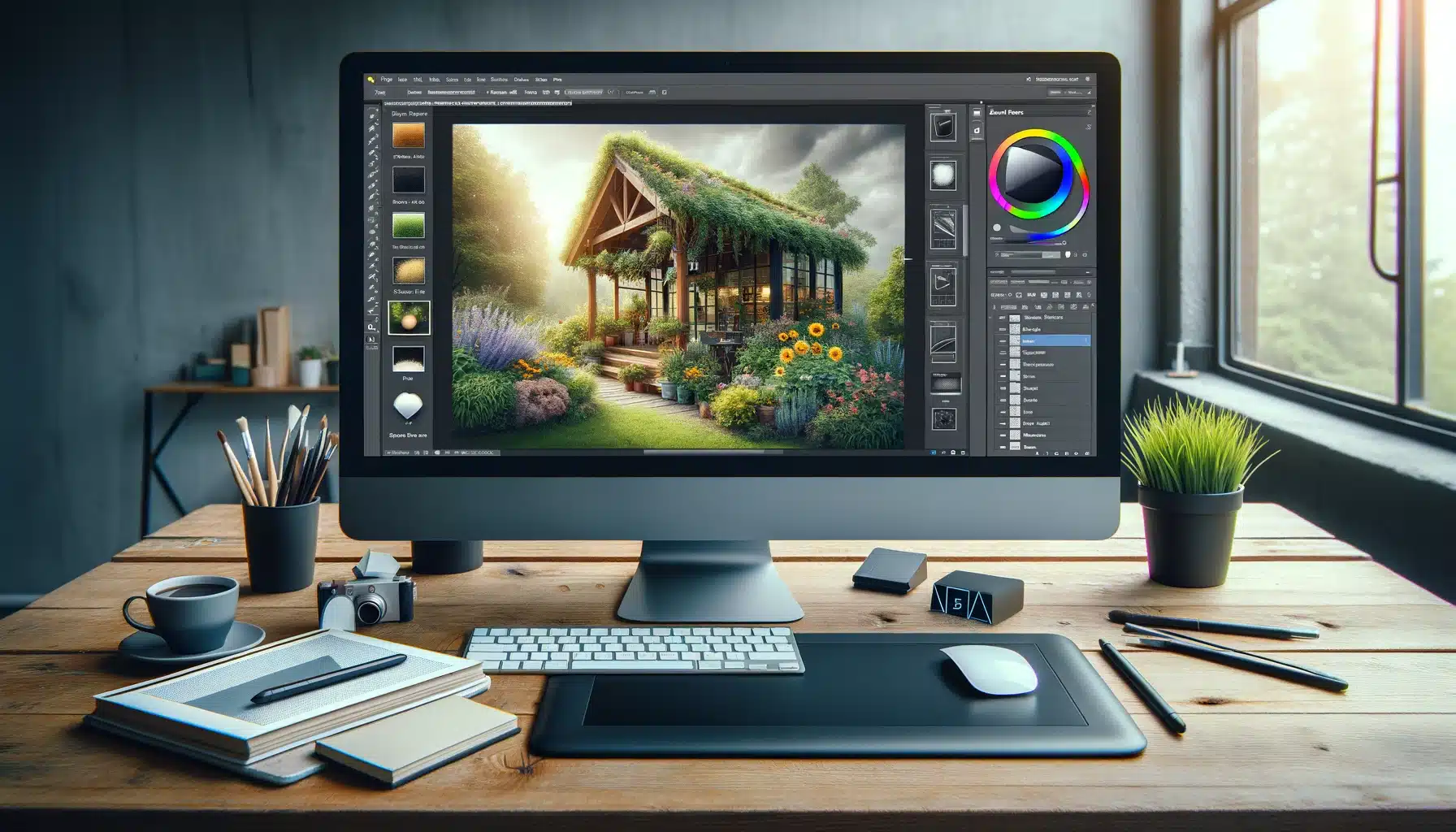 Digital artist's workspace with Photoshop Smart Filters on display, showing before and after editing effects, alongside a graphics tablet and editing tools.