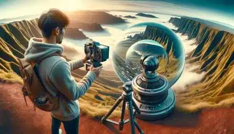 Photographer in a landscape setting using a 360-degree camera setup on a tripod to capture panoramic images.