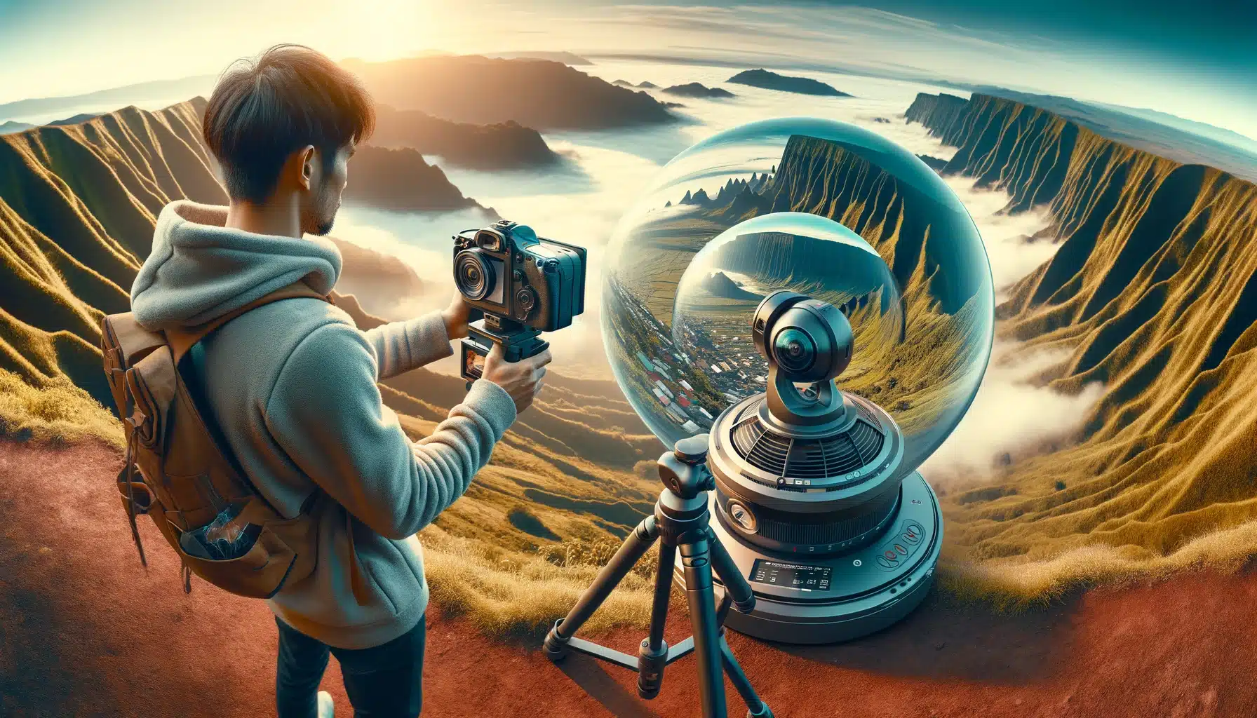 Photographer in a landscape setting using a 360-degree camera setup on a tripod to capture panoramic images.