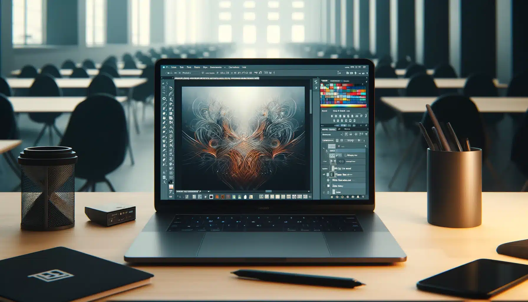 Laptop on a desk with Photoshop displaying Smart Filters, showcasing advanced image editing.