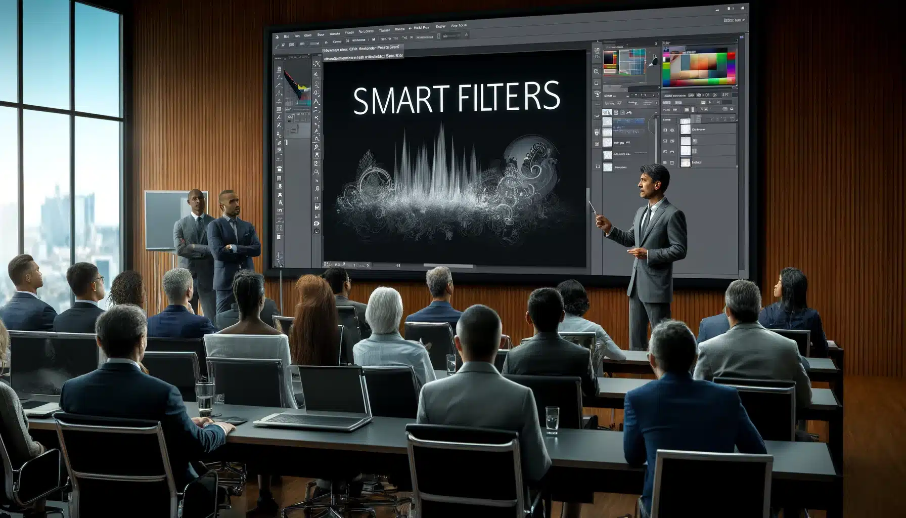 Professional presenting Software Intelligent Colanders on a large screen in a conference room to a diverse audience.