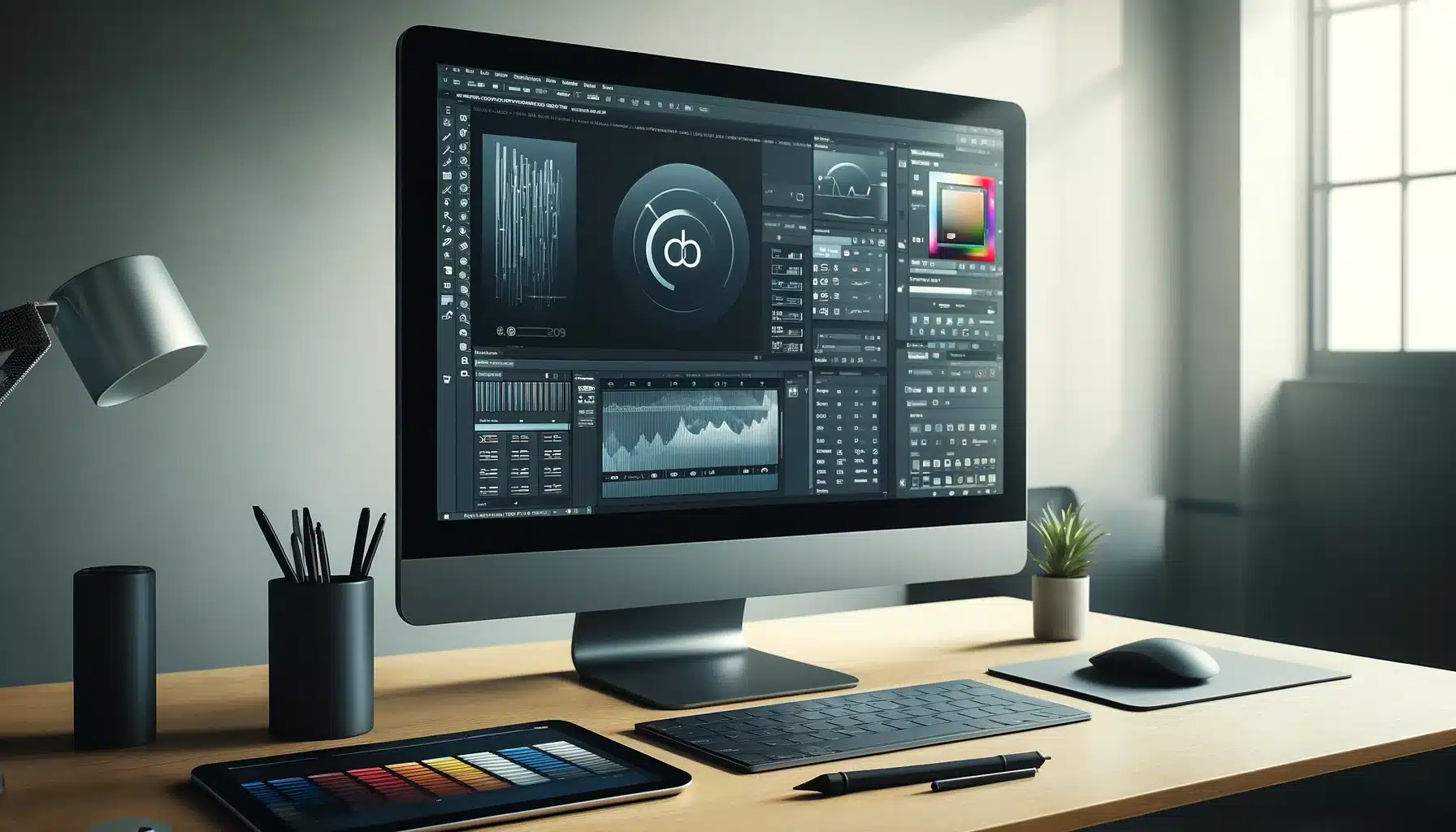 Modern graphic design workspace with a computer displaying advanced editing software along with Adobe Photoshop New Features, alongside professional creative tools.