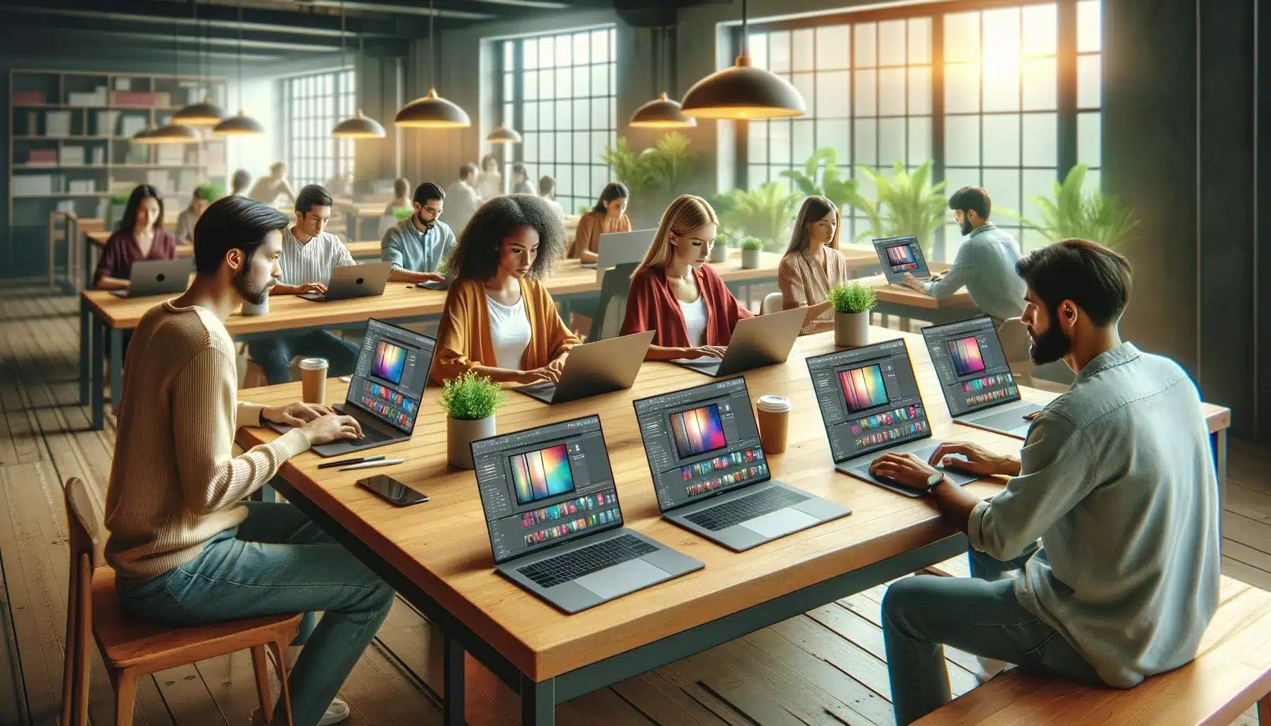 Multiple professionals in a coworking space intently using laptops displaying generic image editing software, emphasizing a creative and modern working environment.