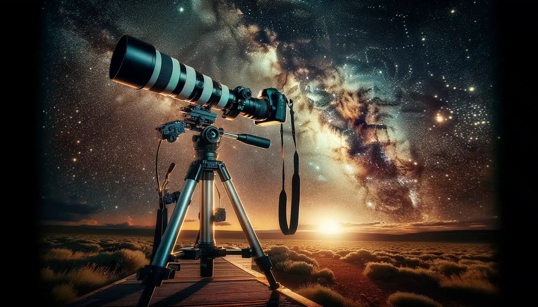 Professional astrophotography setup with a telescope and camera on a tripod under a starry sky featuring the Milky Way.