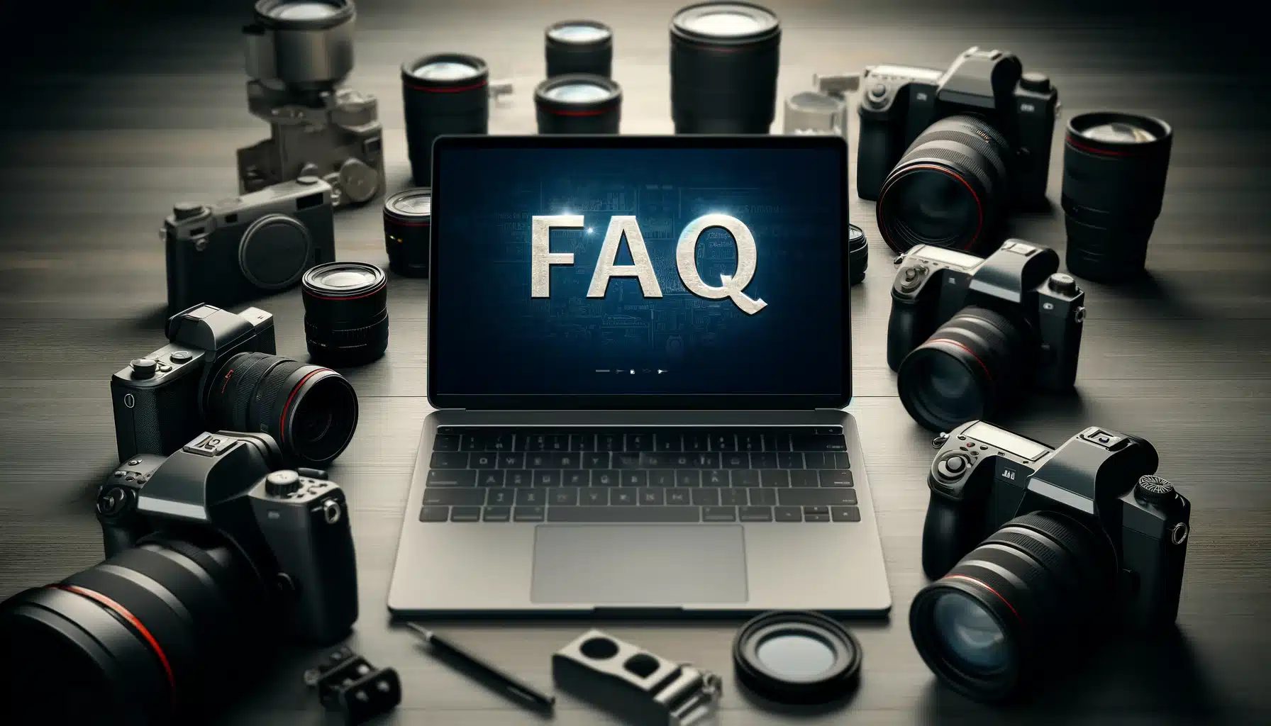 Open laptop on a desk with 'FAQ' on the screen, surrounded by an array of professional cameras and photography equipment.