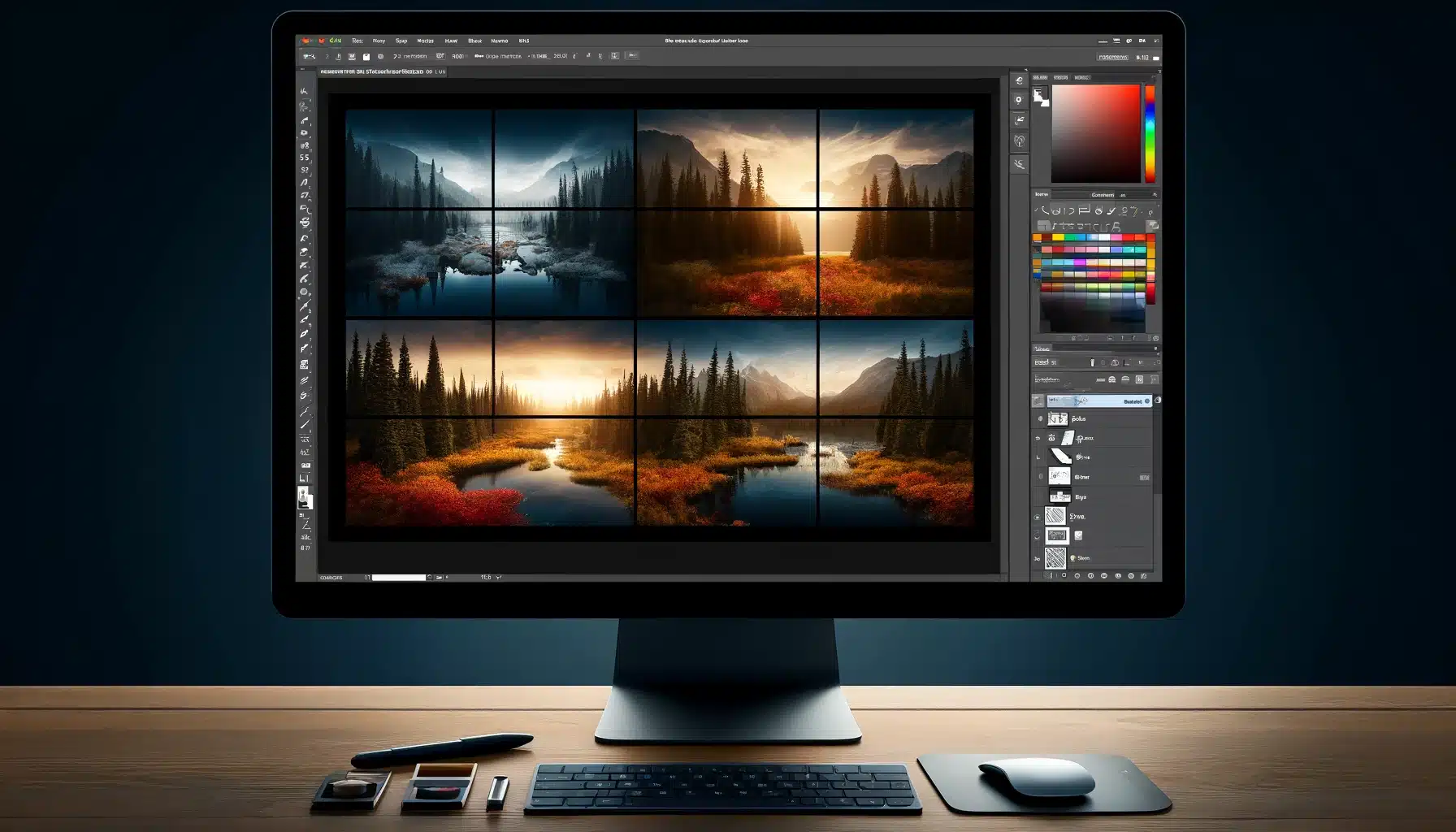 Displaying a divided canvas with four different focus-depth landscape photos prepared for focus stacking.