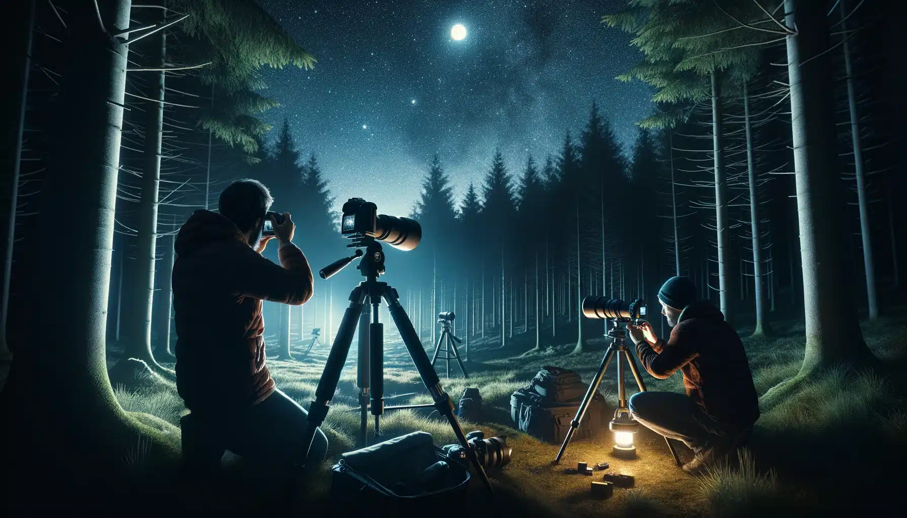 Two people engaged in cosmology in a forest at night, with one capturing the sky on a tripod and the other adjusting camera settings, surrounded by trees under a starry sky.