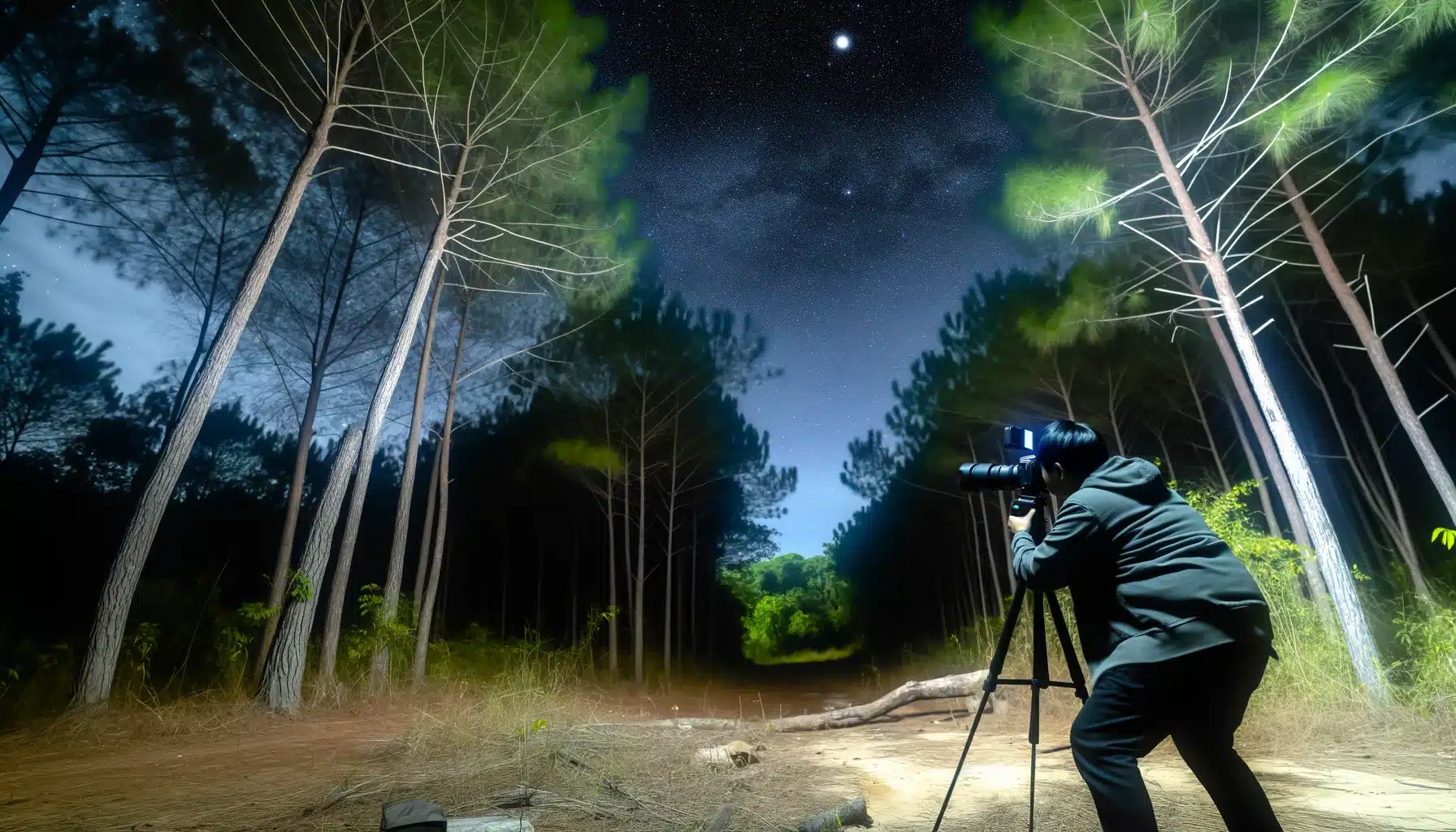 Photographer using a tripod-mounted camera to capture the starry night sky in a dense forest, demonstrating the integration of nature and cosmology.