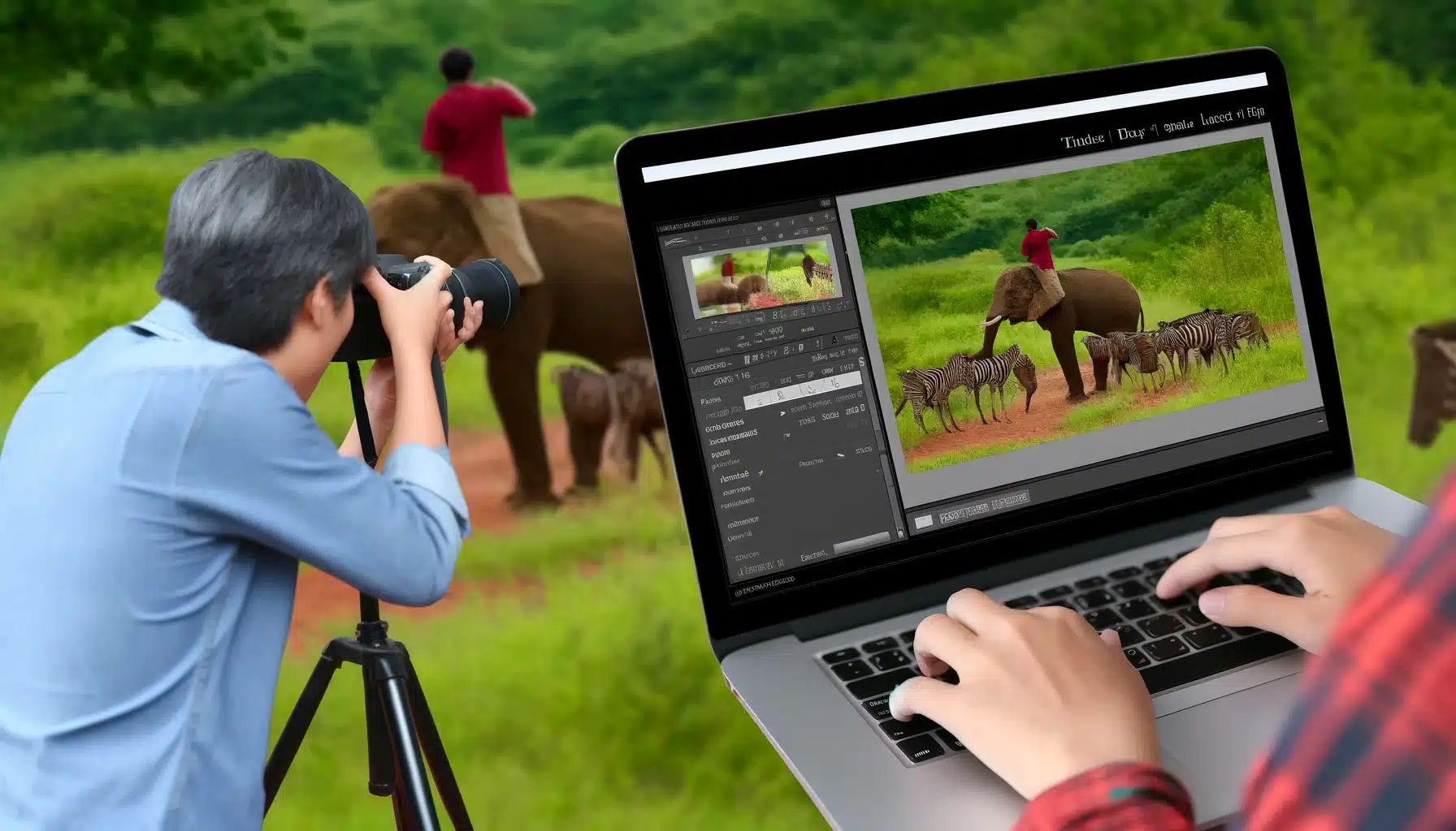 One person capturing wildlife with a camera and another editing the photos on a laptop, set in a natural environment, demonstrating the photo editing process.