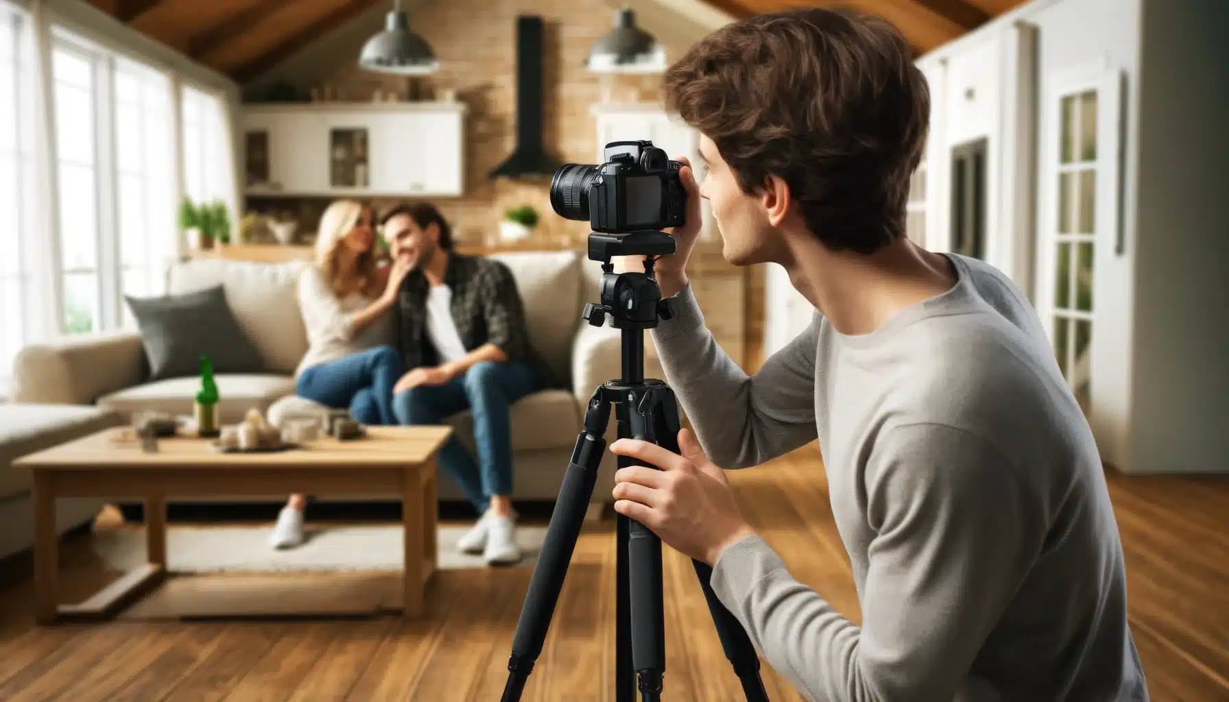 Photographer setting up a personal-depiction in a cozy home setting while two people in the background enjoy a lively conversation.
